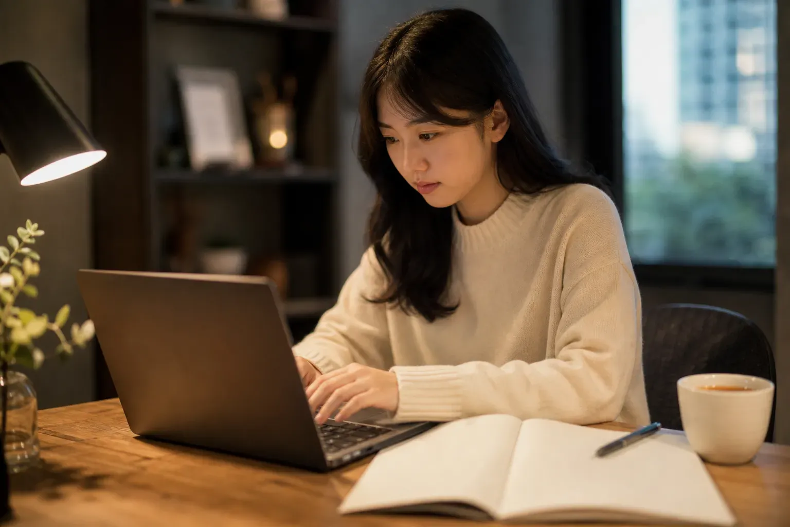 一位專注的學生在溫馨的書房中用電腦撰寫申請文書