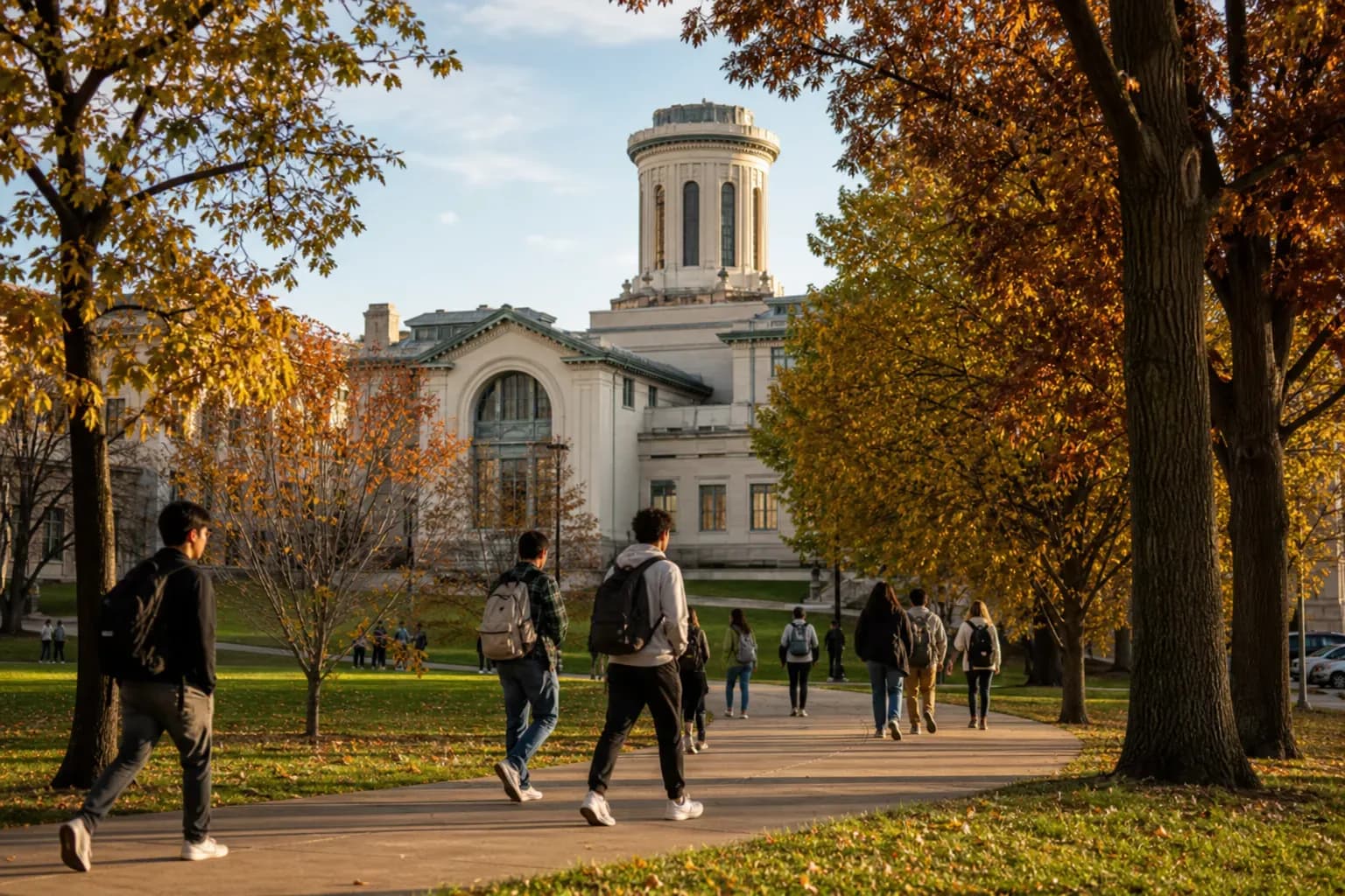 Carnegie Mellon University 卡內基美隆大學的寫實校園景緻，學生在建築前漫步