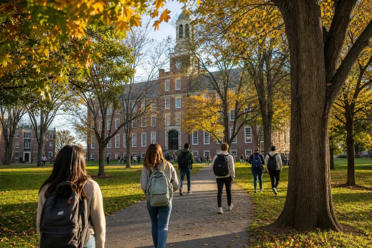 Dartmouth College 達特茅斯學院的寫實校園景緻，學生在建築前漫步