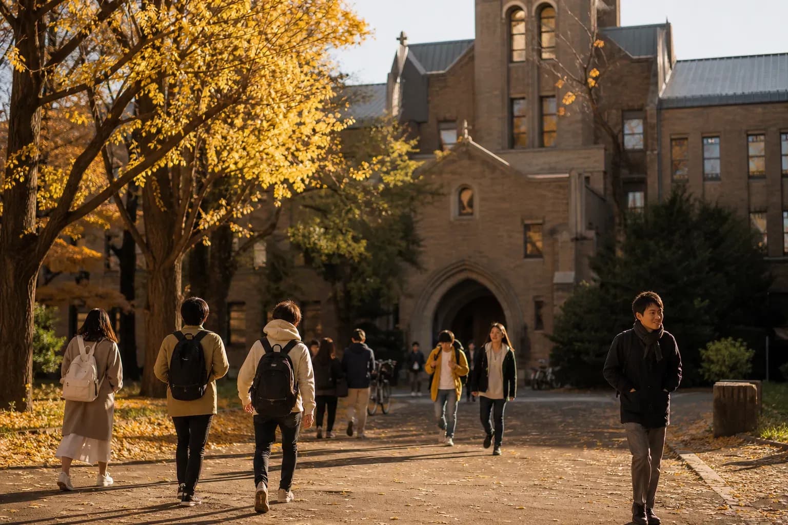 Hokkaido University 北海道大學的寫實校園景緻，學生在建築前漫步