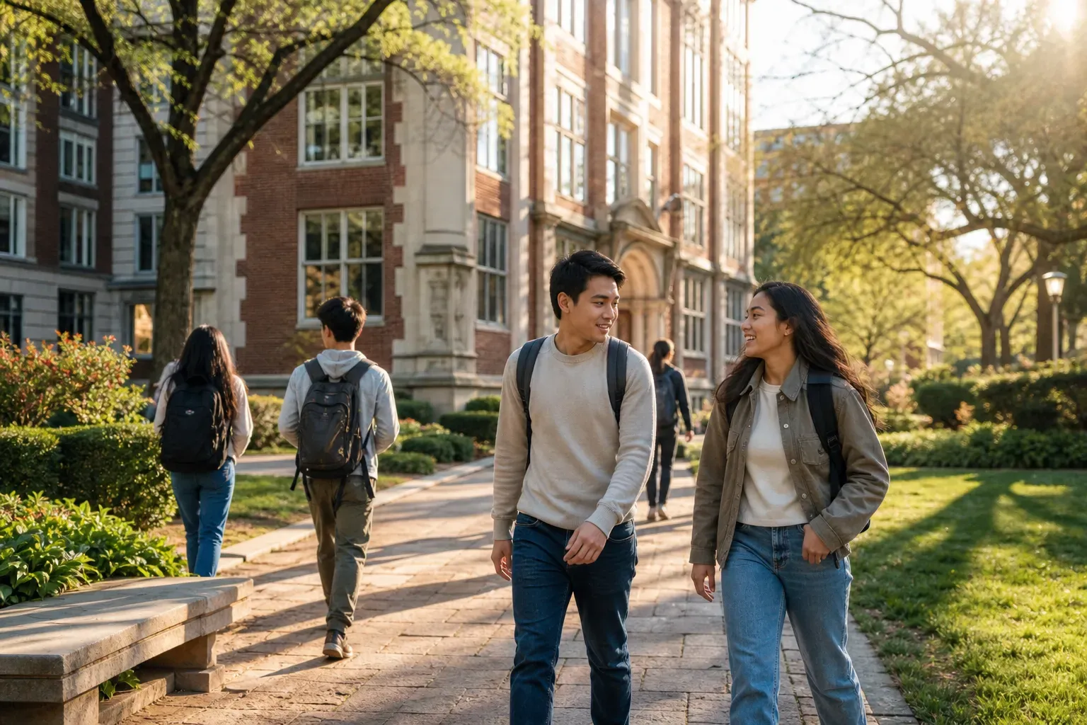 A beautiful and sunny university campus with students walking
