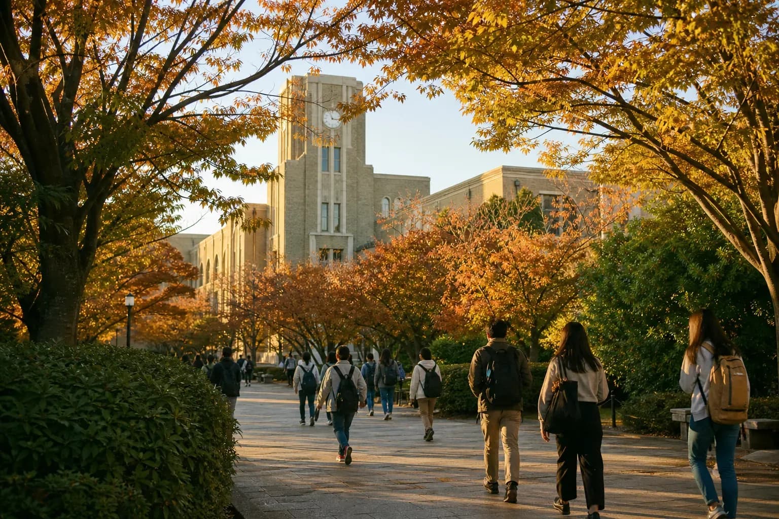 Kobe University 神戶大學的寫實校園景緻，學生在建築前漫步