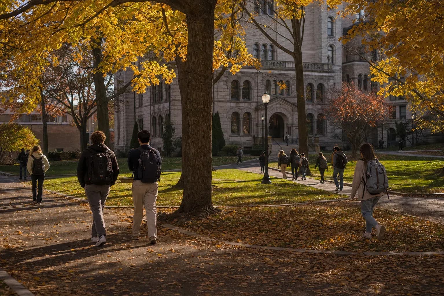 Northeastern 東北大學的寫實校園景緻，學生在建築前漫步