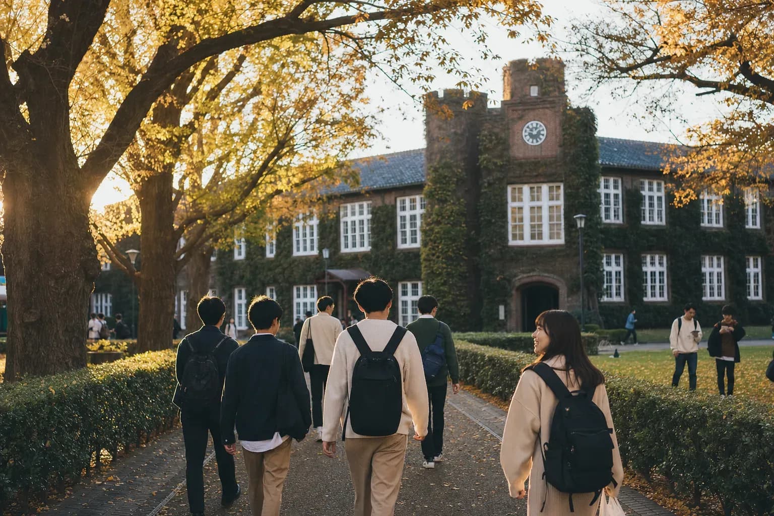 Rikkyo University 立教大學的寫實校園景緻，學生在建築前漫步