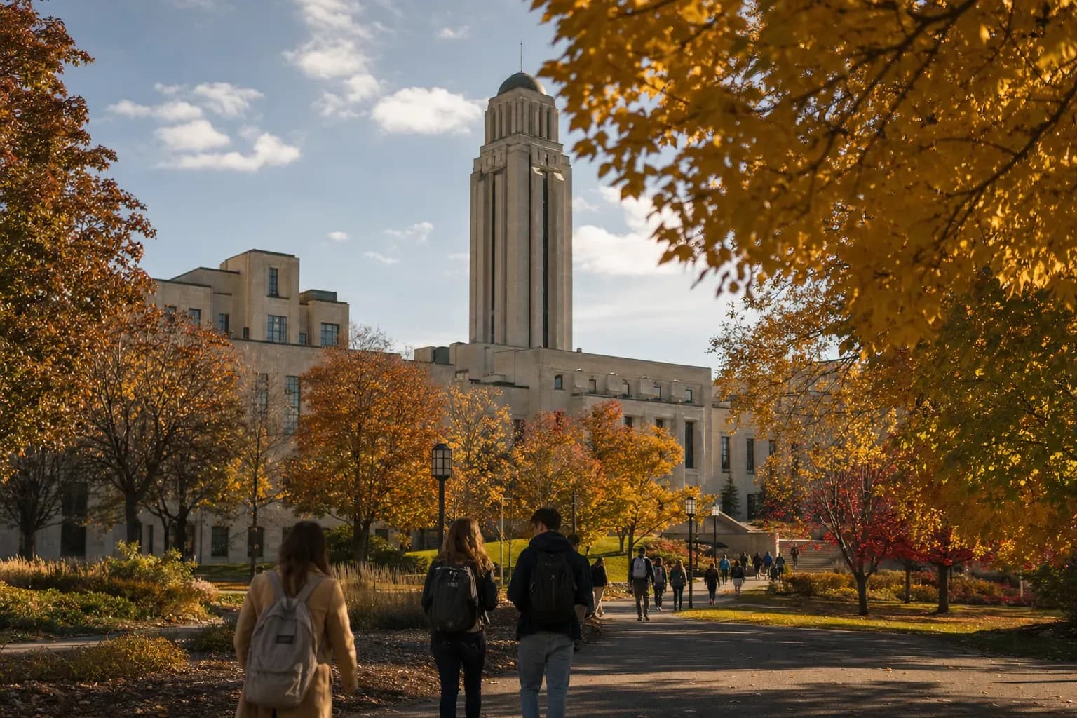 Université de Montréal 蒙特利爾大學的寫實校園景緻，學生在建築前漫步
