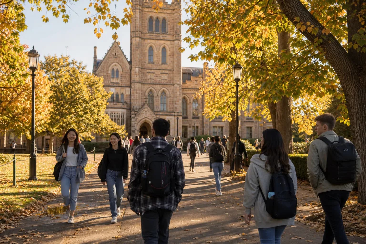 Australian Catholic University 澳洲天主教大學的寫實校園景緻,學生在建築前漫步