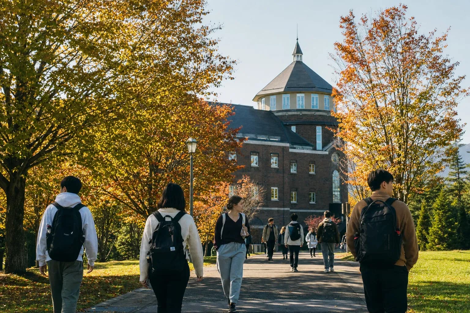 Akita International University 國際教養大學的寫實校園景緻,學生在建築前漫步