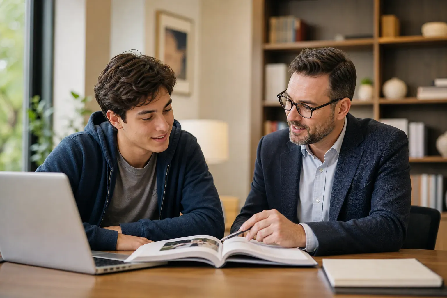 A student and a counselor discussing college application strategies in a modern office