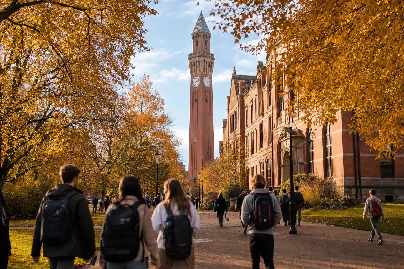 University of Birmingham 伯明翰大學的寫實校園景緻,學生在建築前漫步