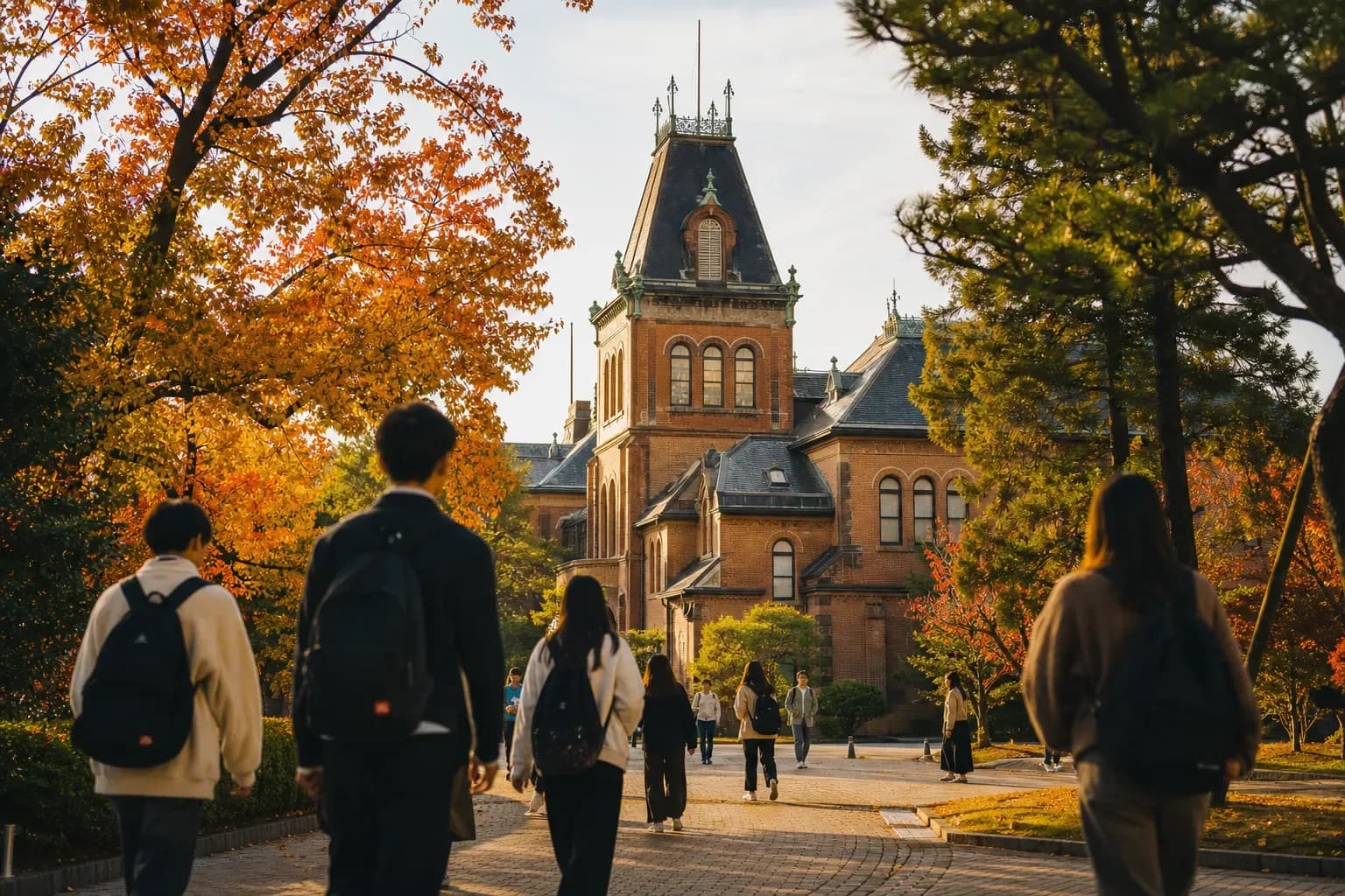 Doshisha University 同志社大學的寫實校園景緻,學生在建築前漫步