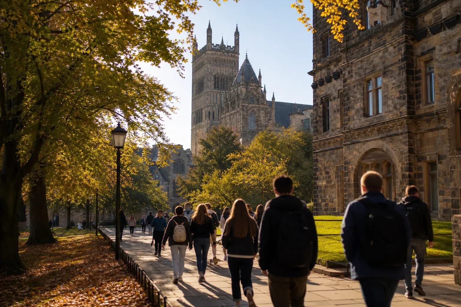 Durham University 杜倫大學的寫實校園景緻,學生在建築前漫步