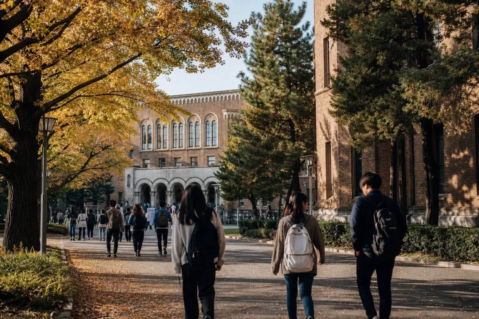 Hitotsubashi University 一橋大學的寫實校園景緻,學生在建築前漫步