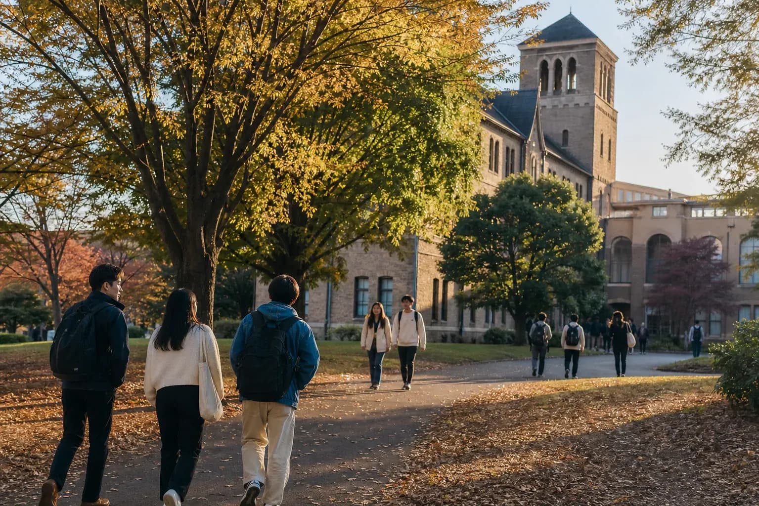 International Christian University (ICU) 國際基督教大學的寫實校園景緻,學生在建築前漫步