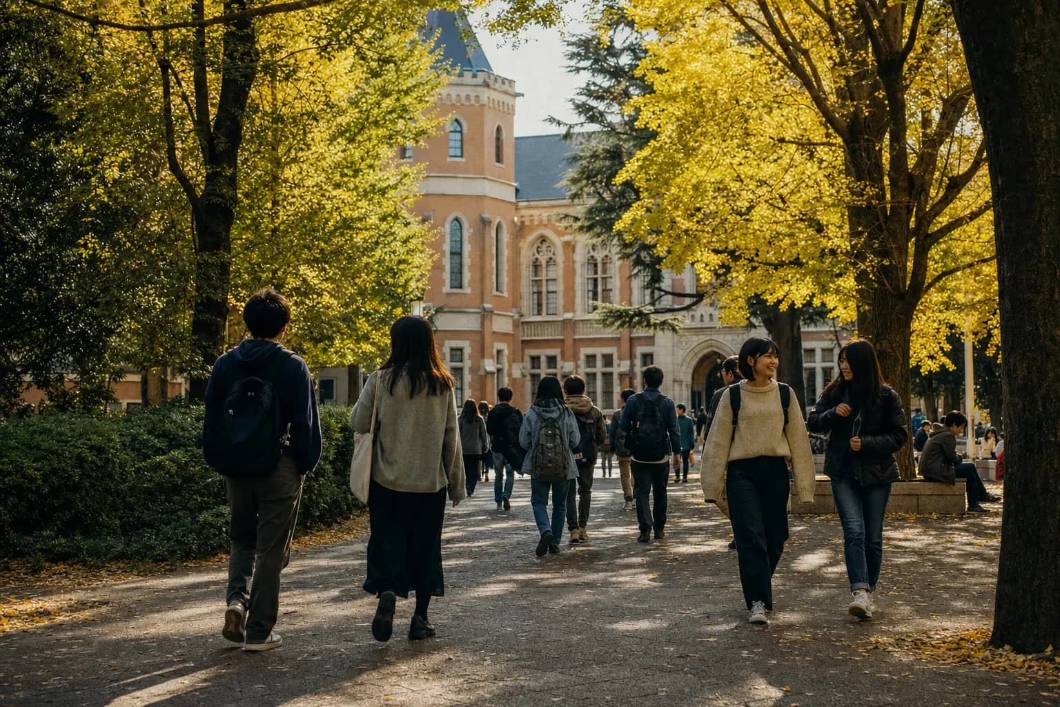 Keio University 慶應義塾大學的寫實校園景緻,學生在建築前漫步