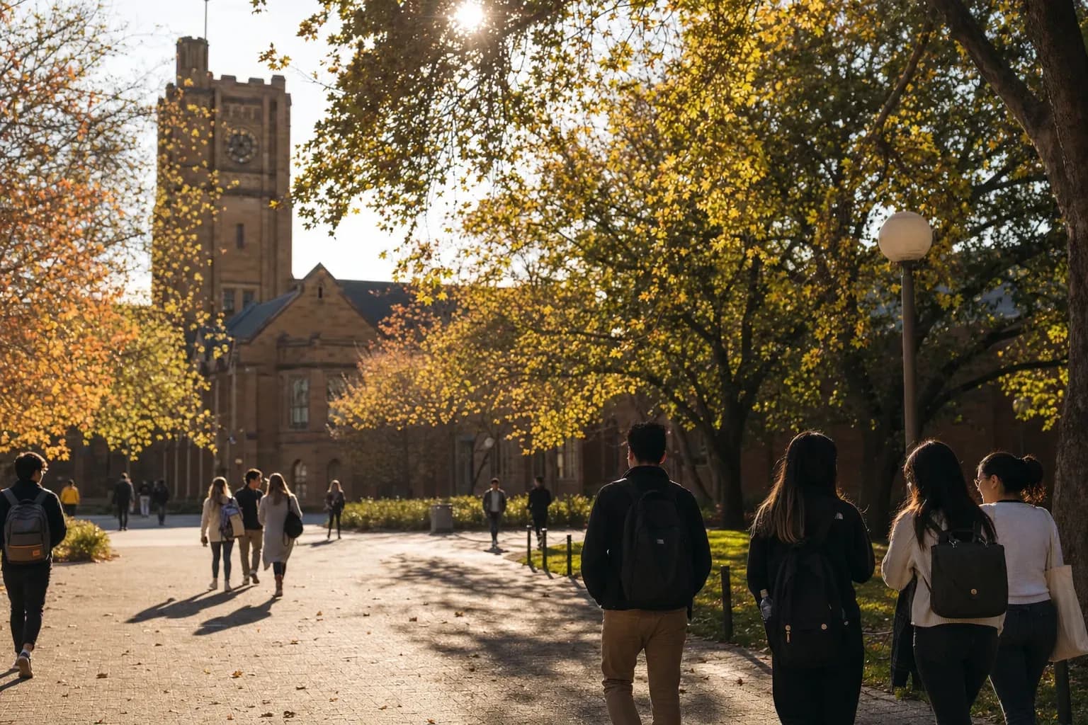 La Trobe University 拉籌伯大學的寫實校園景緻,學生在建築前漫步