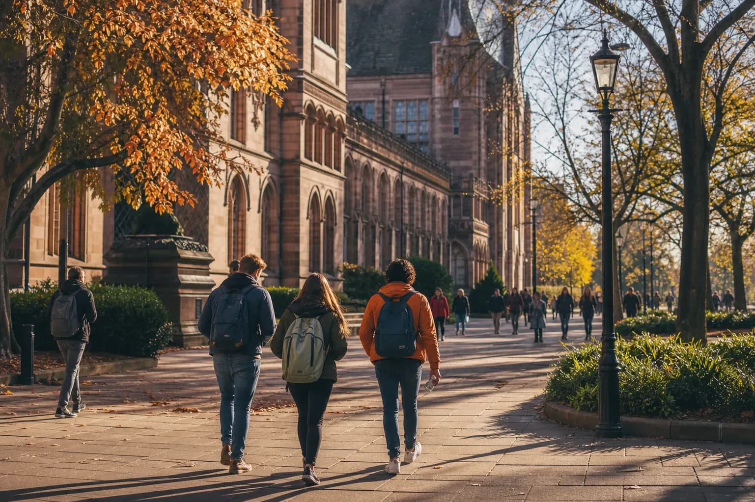 University of Liverpool 利物浦大學的寫實校園景緻,學生在建築前漫步