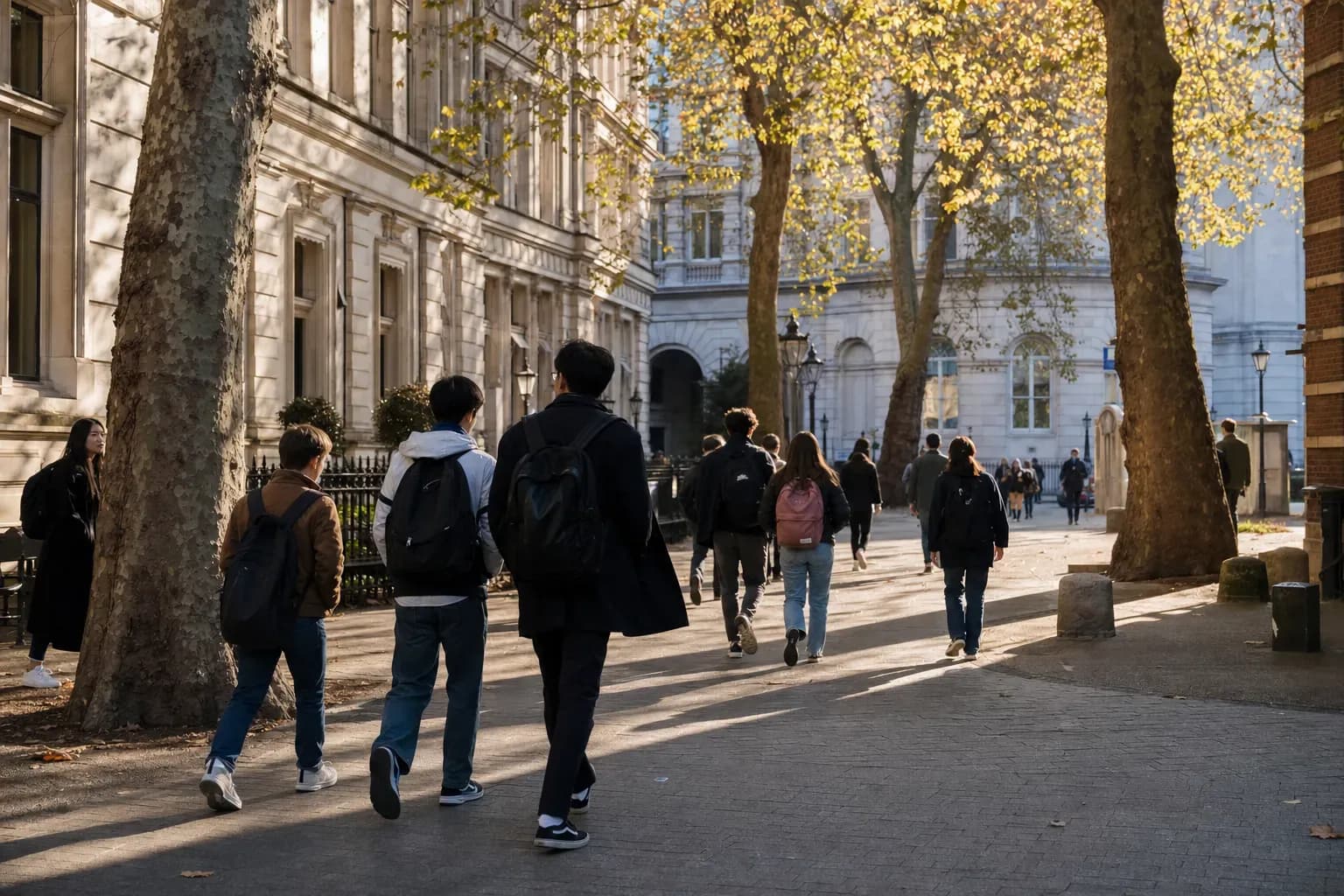 London School of Economics (LSE) 倫敦政經學院的寫實校園景緻,學生在建築前漫步