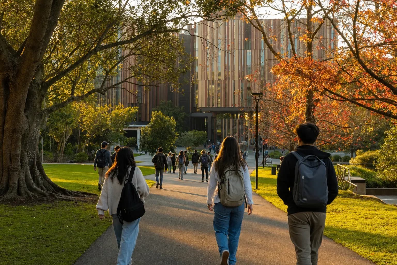 Macquarie University 麥覺理大學的寫實校園景緻,學生在建築前漫步