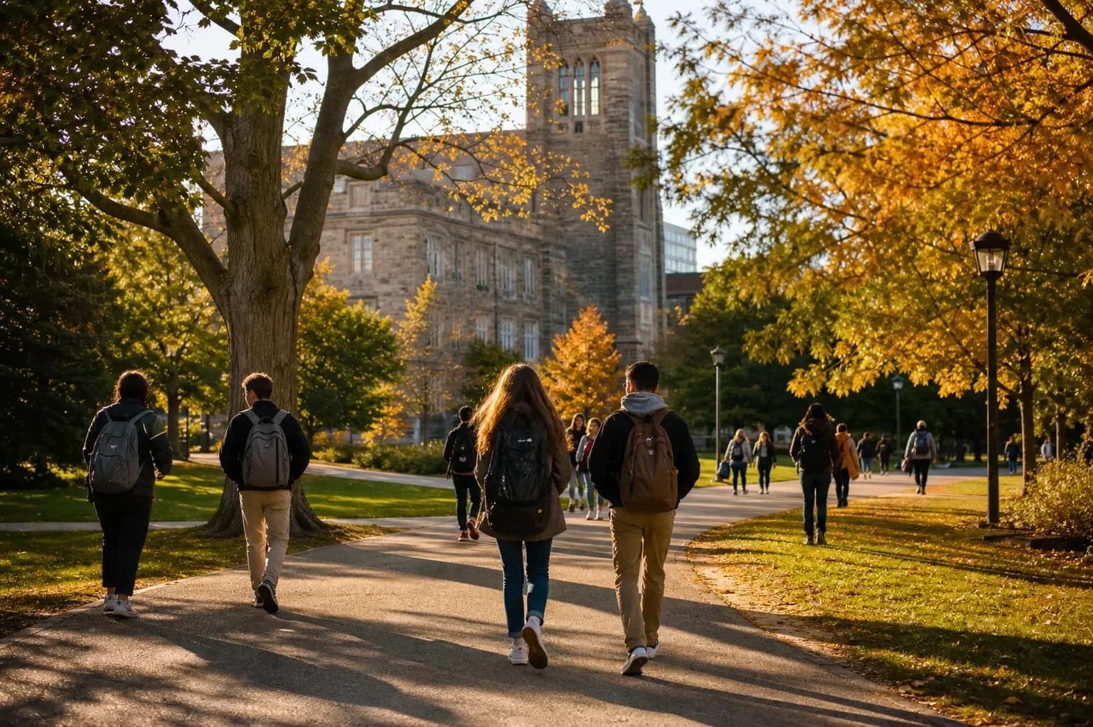 McMaster University 麥馬斯特大學的寫實校園景緻,學生在建築前漫步