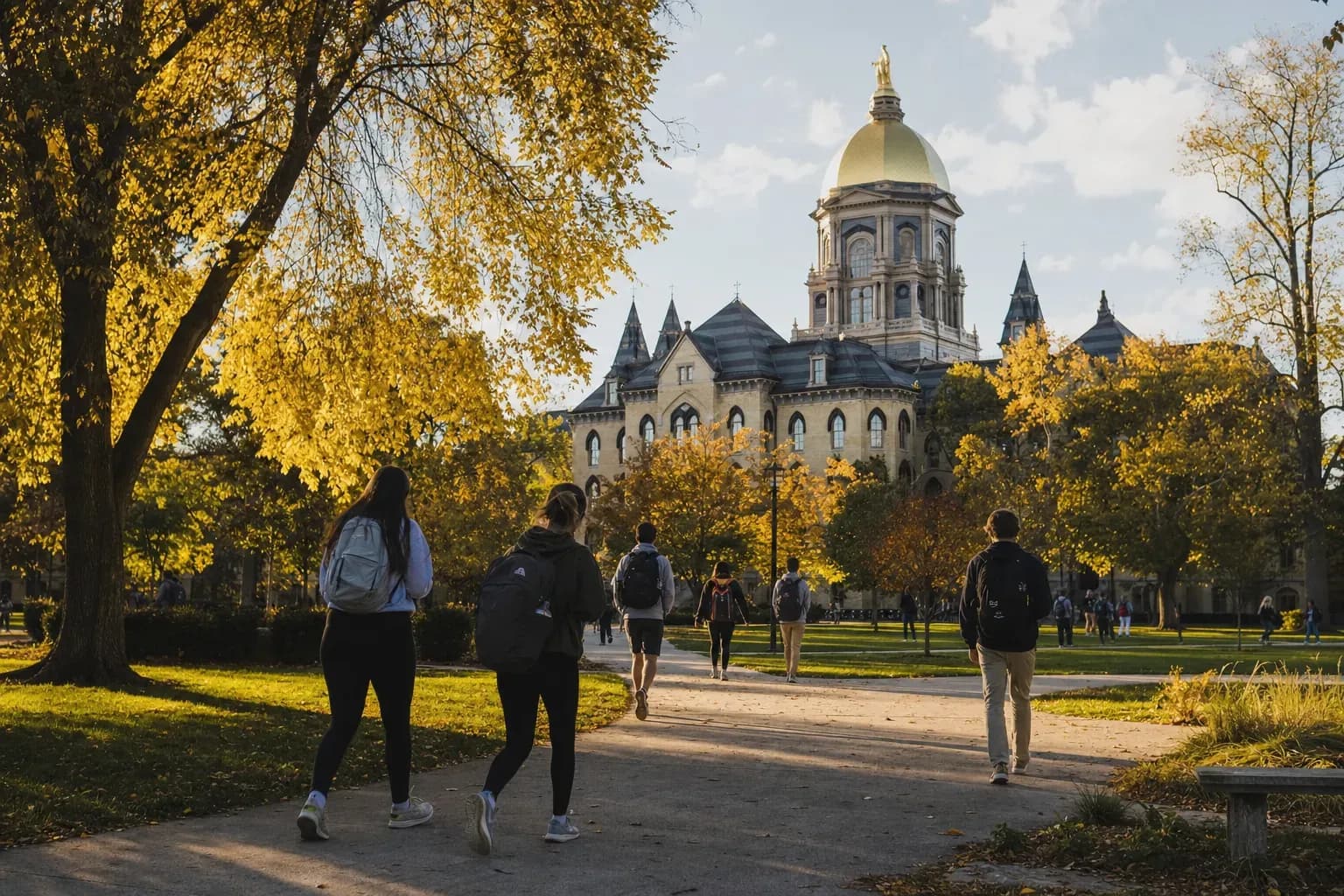 University of Notre Dame 聖母大學的寫實校園景緻,學生在建築前漫步