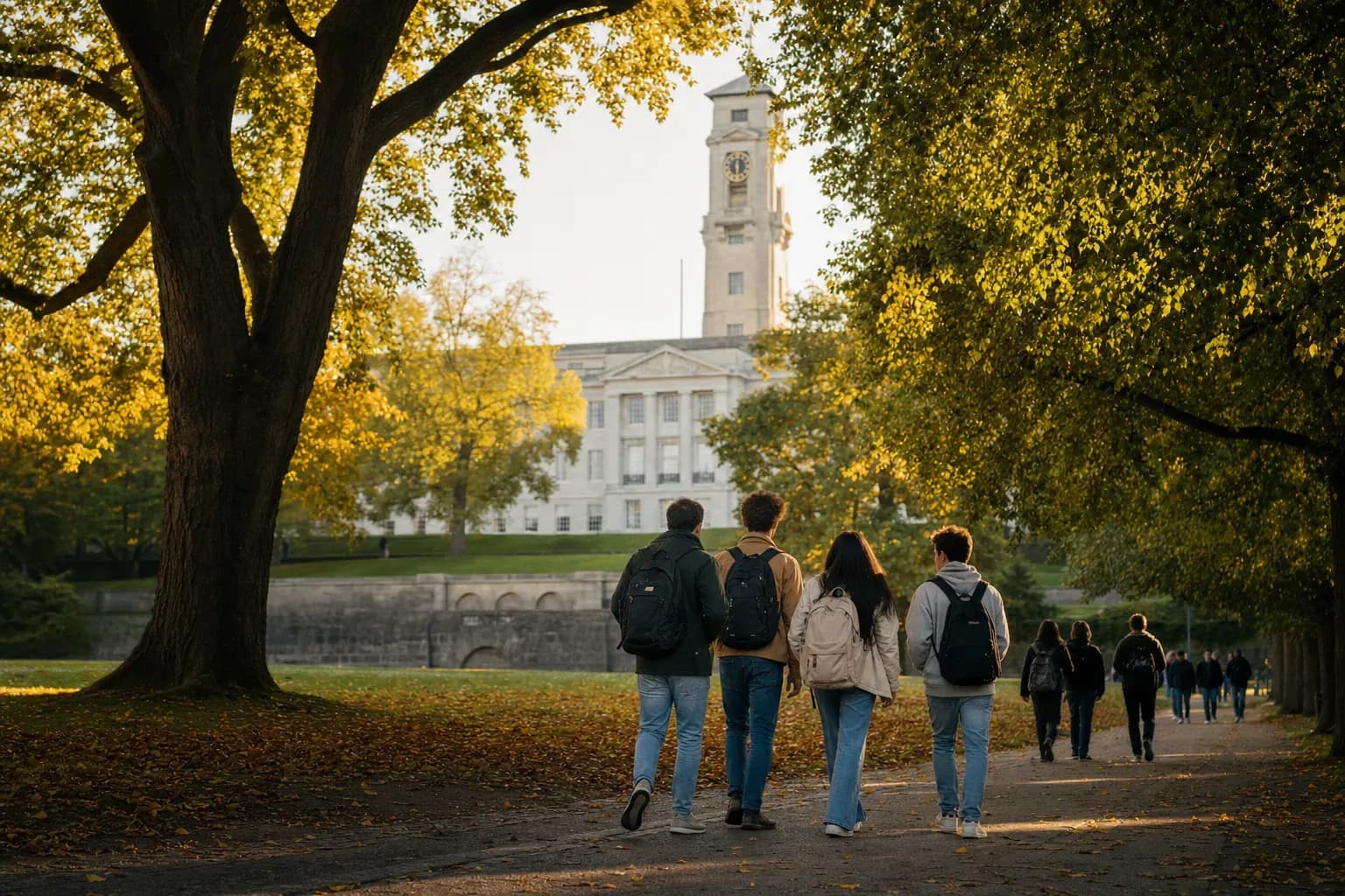 University of Nottingham 諾丁漢大學的寫實校園景緻,學生在建築前漫步