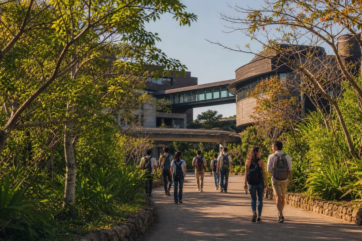 OIST 沖繩科學技術大學院大學的寫實校園景緻,學生在建築前漫步