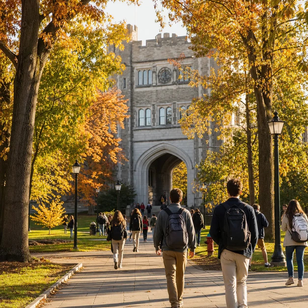 Princeton University 普林斯頓大學的寫實校園景緻,學生在建築前漫步