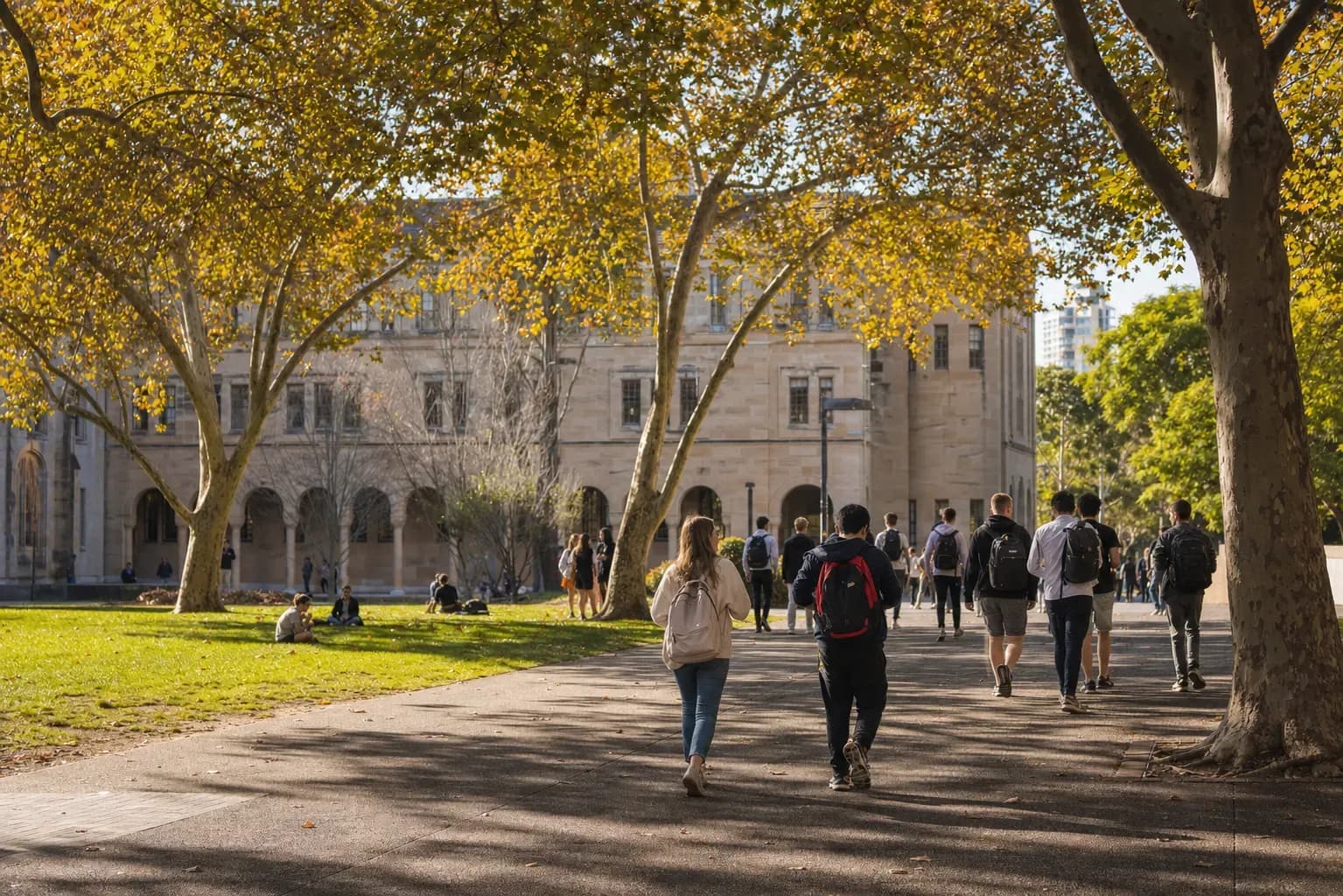 Queensland University of Technology 昆士蘭科技大學的寫實校園景緻,學生在建築前漫步