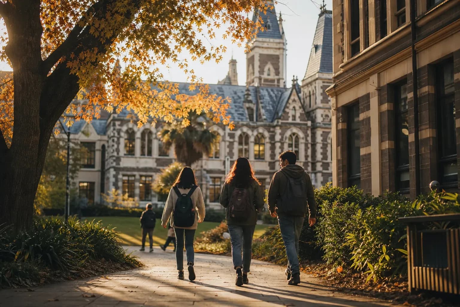 RMIT 皇家墨爾本理工大學的寫實校園景緻,學生在建築前漫步