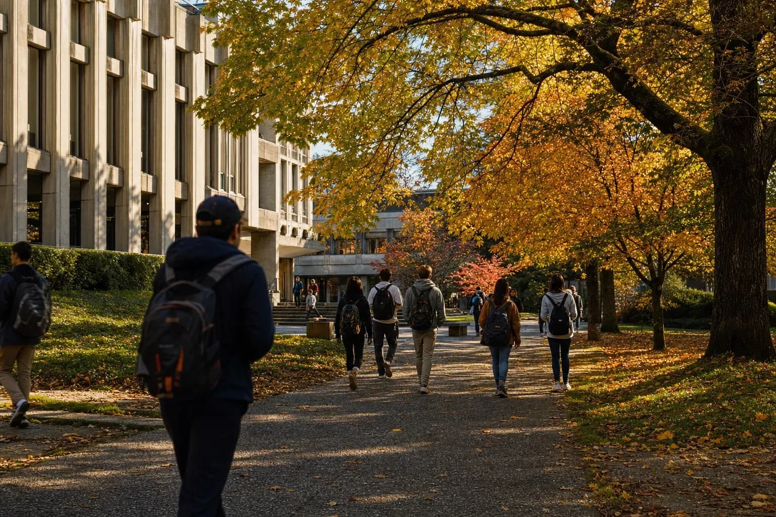 Simon Fraser University 西門菲莎大學的寫實校園景緻,學生在建築前漫步