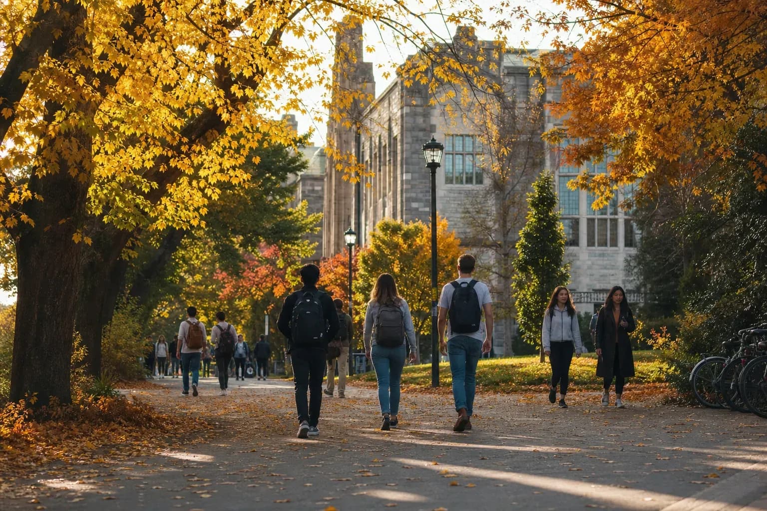 University of British Columbia 不列顛哥倫比亞大學的寫實校園景緻,學生在建築前漫步