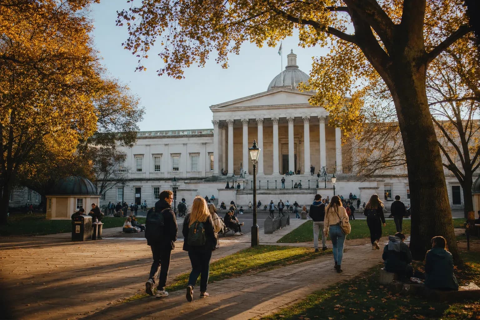 A realistic campus photograph of the iconic landmarks of University College London (UCL) with students walking