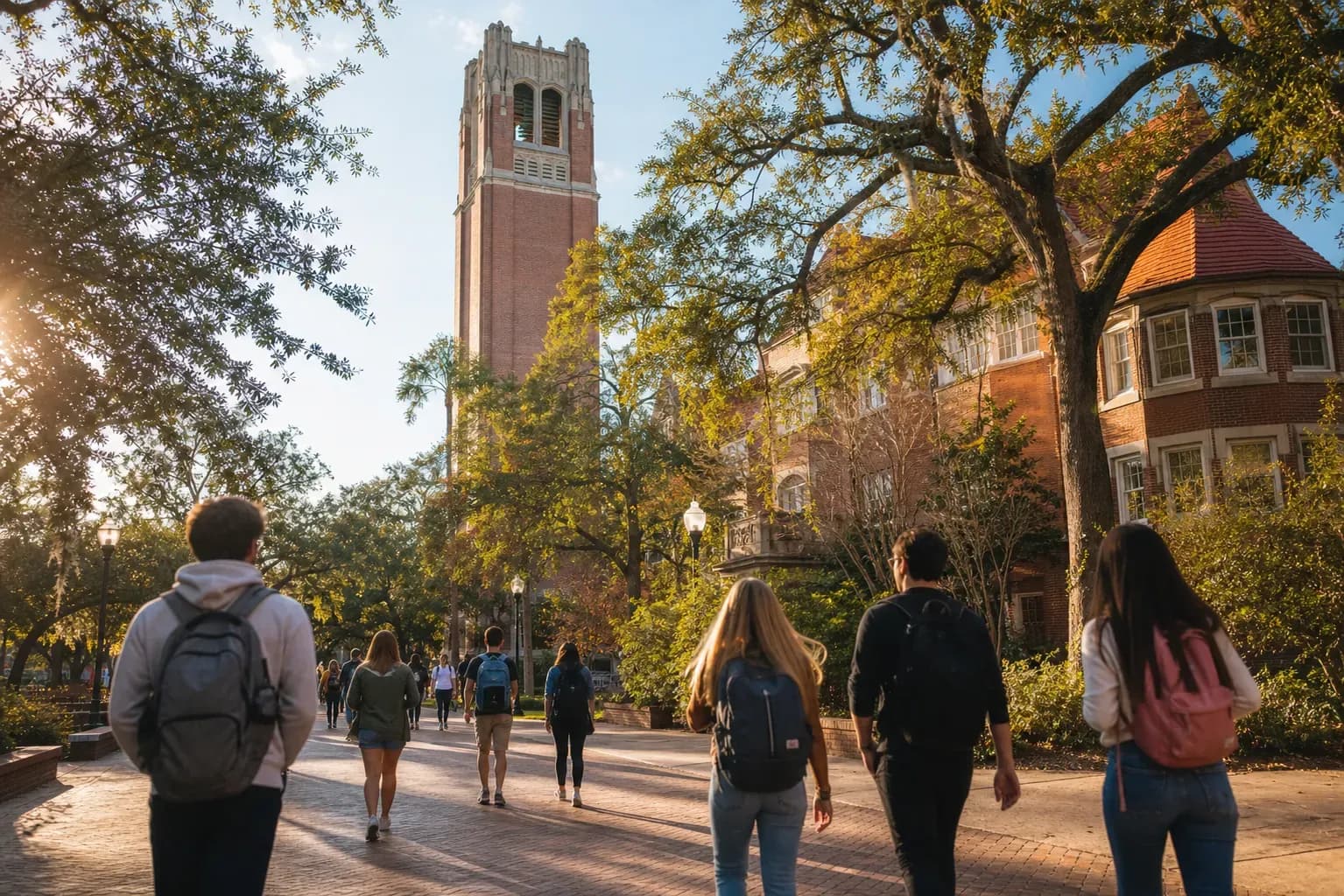University of Florida 佛羅里達大學的寫實校園景緻,學生在建築前漫步