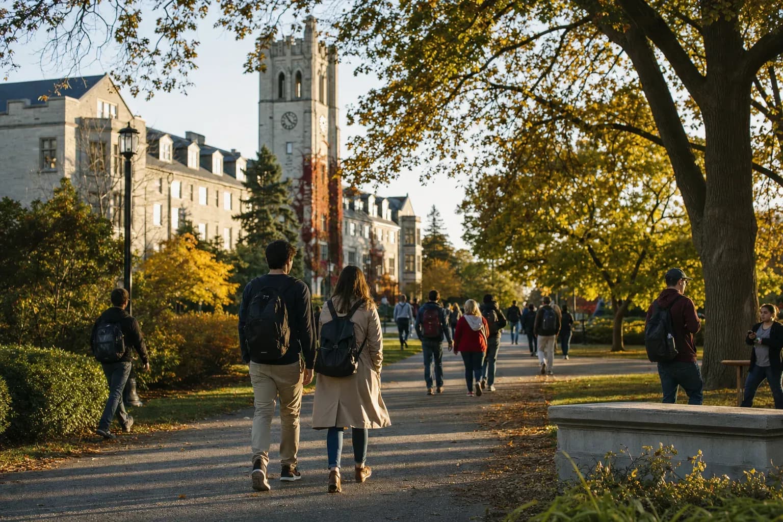 University of Guelph 圭爾夫大學的寫實校園景緻,學生在建築前漫步