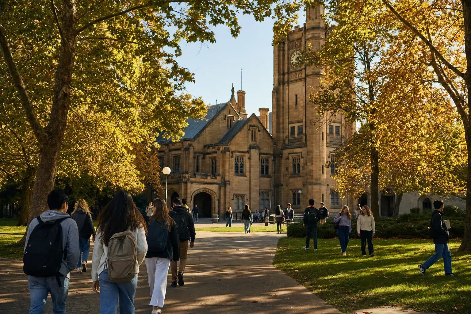 University of Melbourne 墨爾本大學的寫實校園景緻,學生在建築前漫步