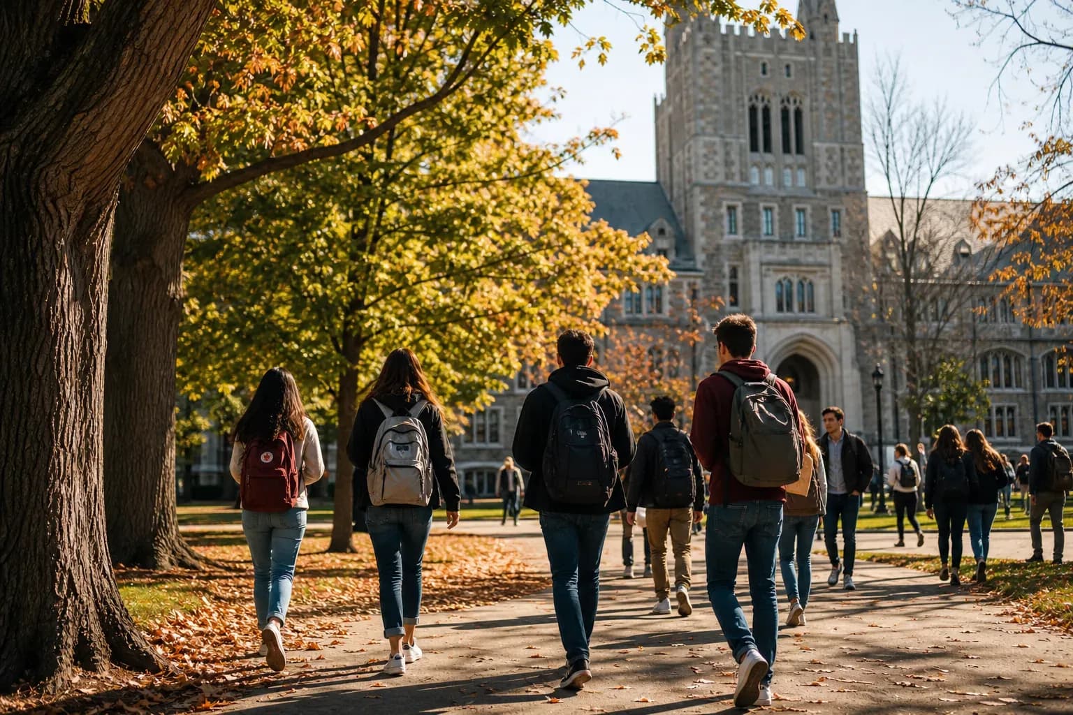 University of Michigan 密西根大學的寫實校園景緻,學生在建築前漫步