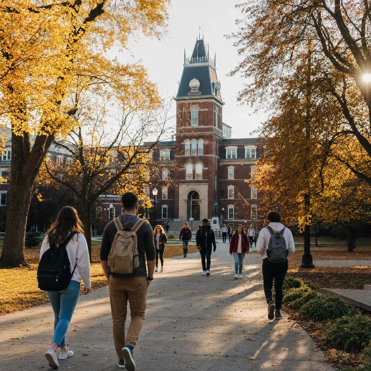 University of New Brunswick (UNB) 新布藍茲維大學的寫實校園景緻,學生在建築前漫步