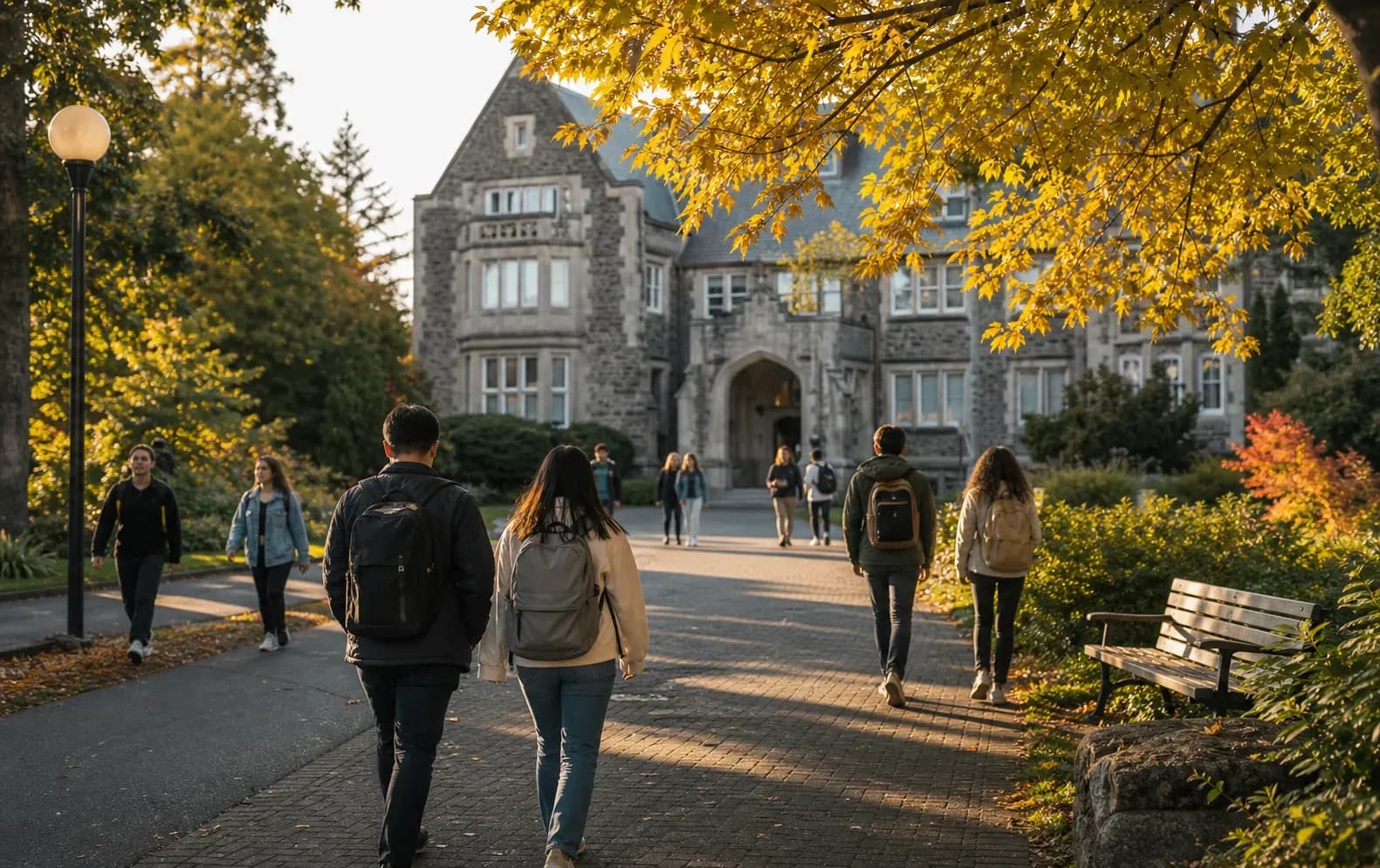 University of Victoria 維多利亞大學的寫實校園景緻,學生在建築前漫步