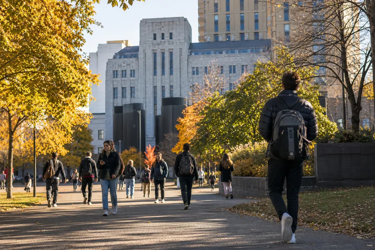 Université du Québec à Montréal (UQAM) 蒙特利爾魁北克大學的寫實校園景緻,學生在建築前漫步