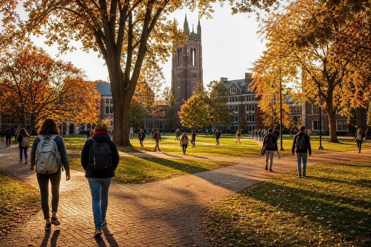 A realistic campus photograph of the iconic landmarks of Urban vs Suburban vs Rural Colleges with students walking