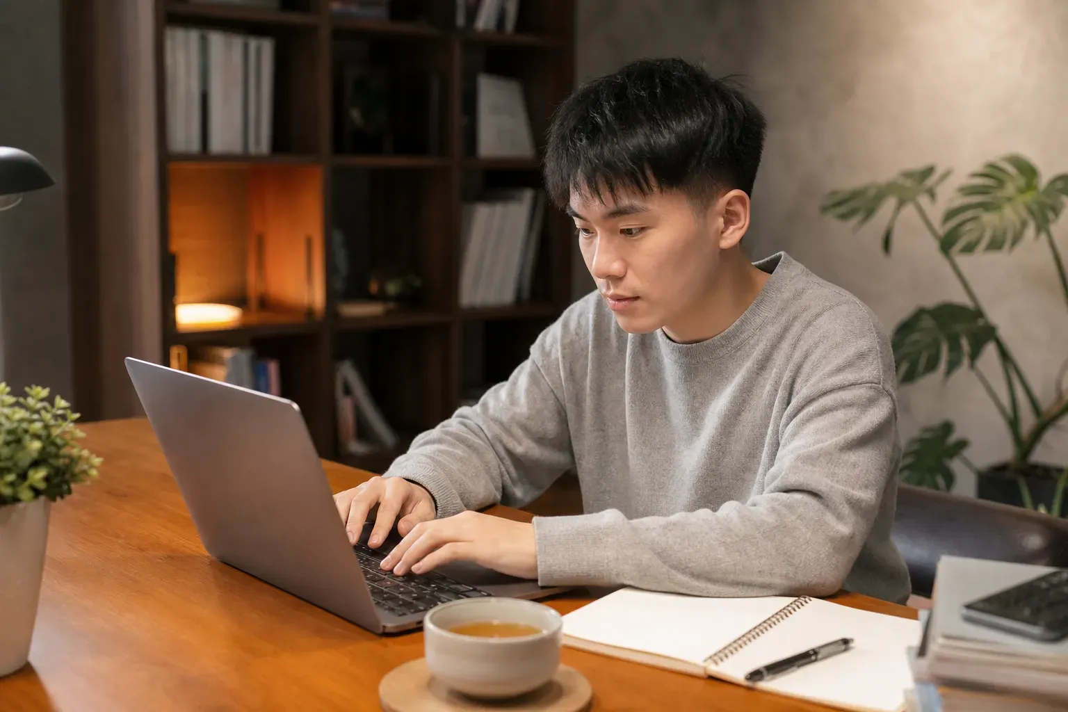 一位專注的學生在溫馨的書房中用電腦撰寫申請文書