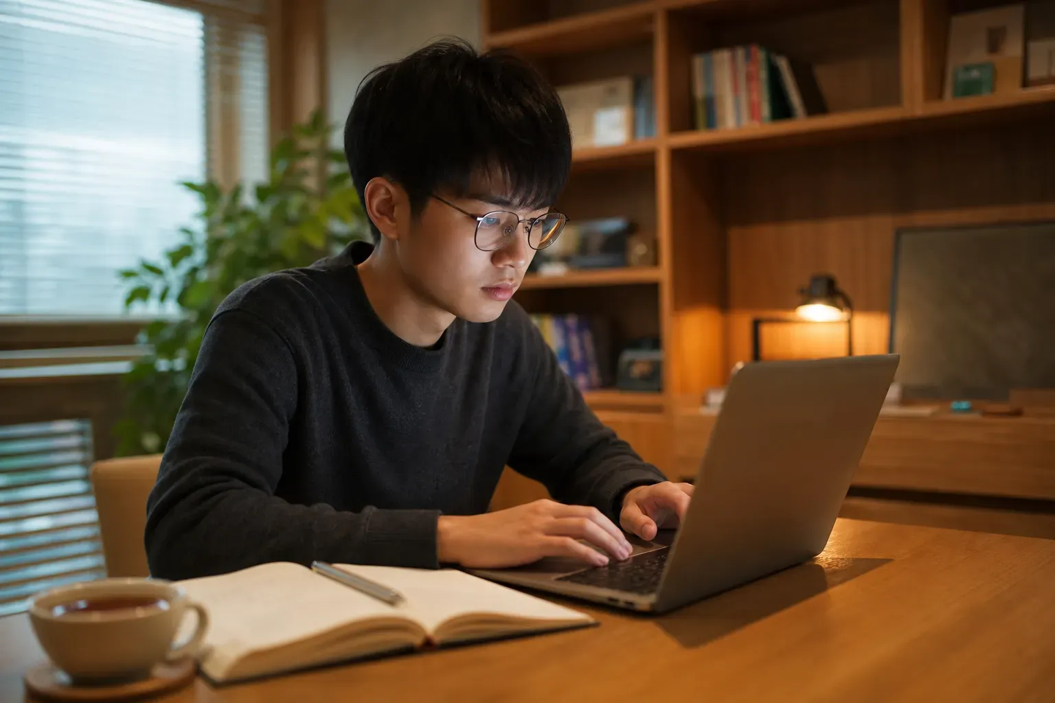 一位專注的學生在溫馨的書房中用電腦撰寫申請文書