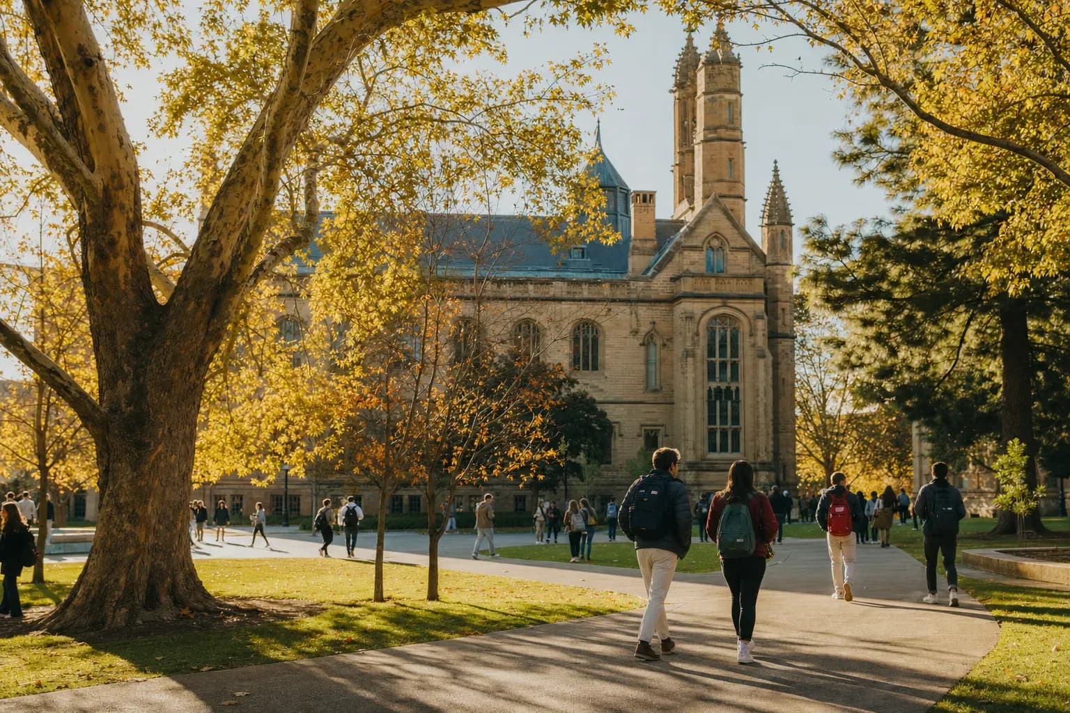 A realistic campus photograph of the iconic landmarks of Adelaide University with students walking