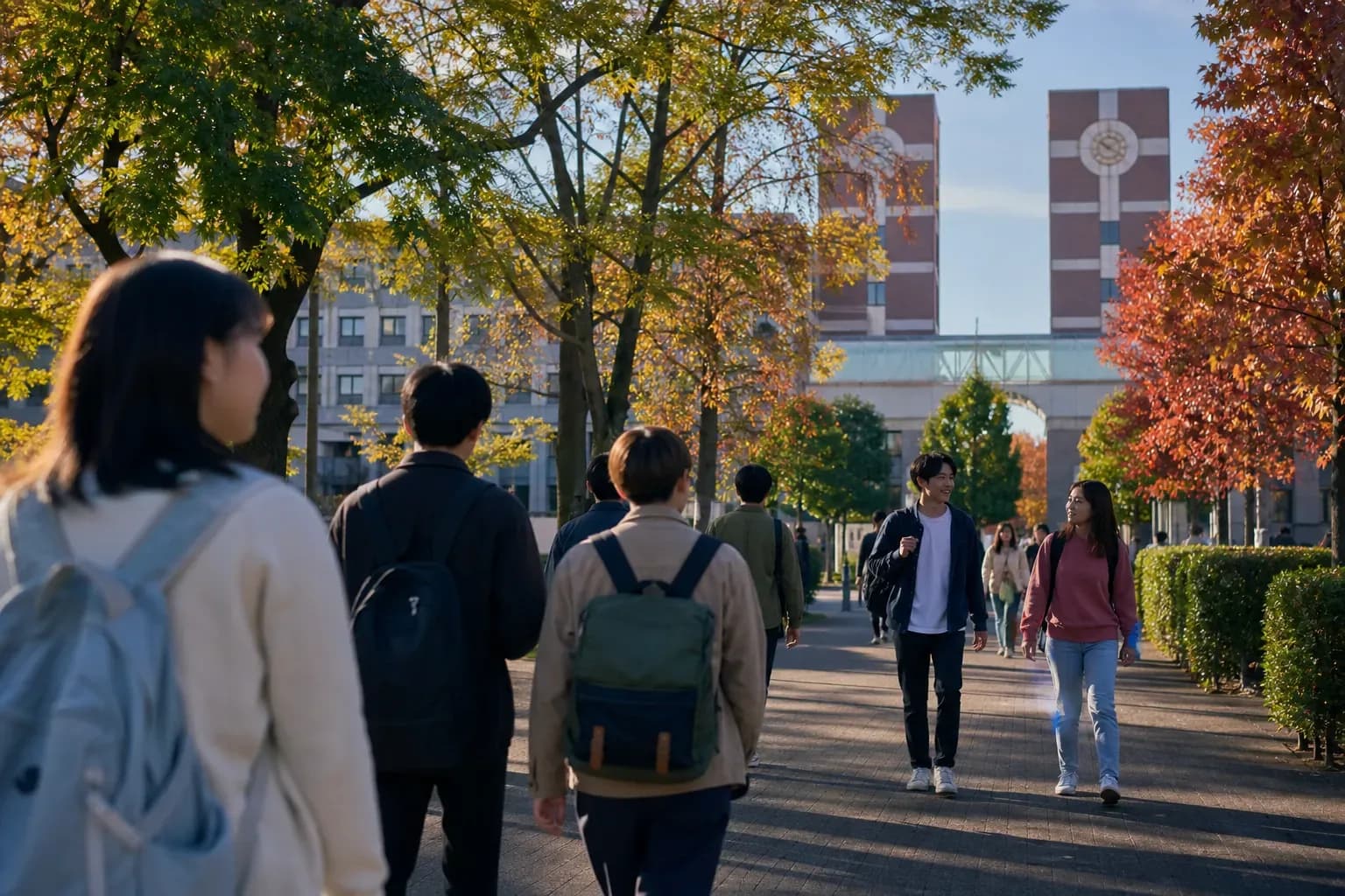 A realistic campus photograph of the iconic landmarks of Asia Pacific University (APU) Ritsumeikan Asia Pacific University with students walking