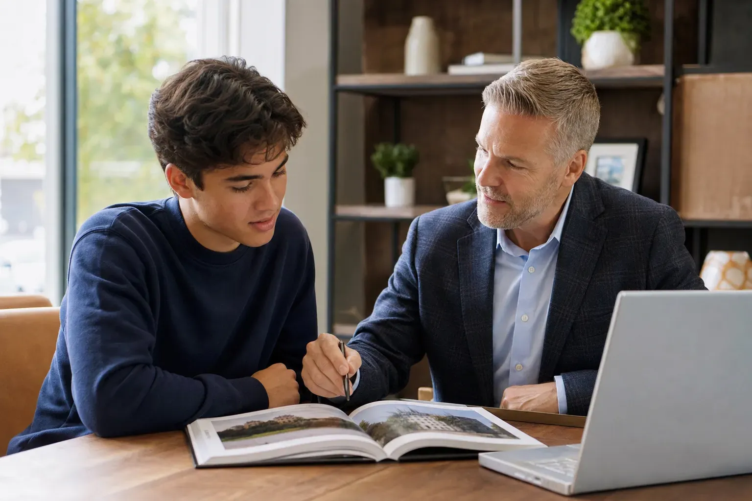 A student and a counselor discussing college application strategies in a modern office