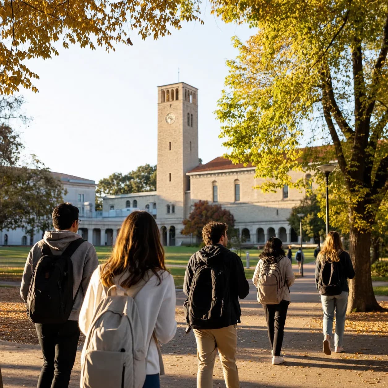 A realistic campus photograph of the iconic landmarks of Australian National University with students walking