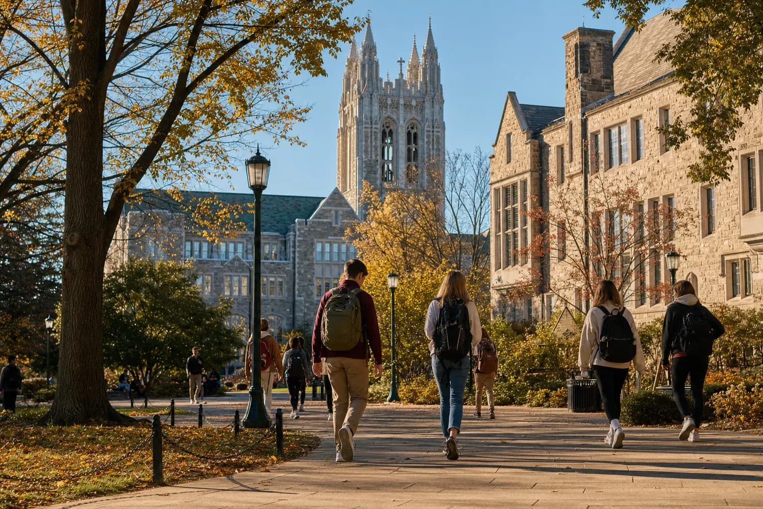 A realistic campus photograph of the iconic landmarks of Boston College with students walking