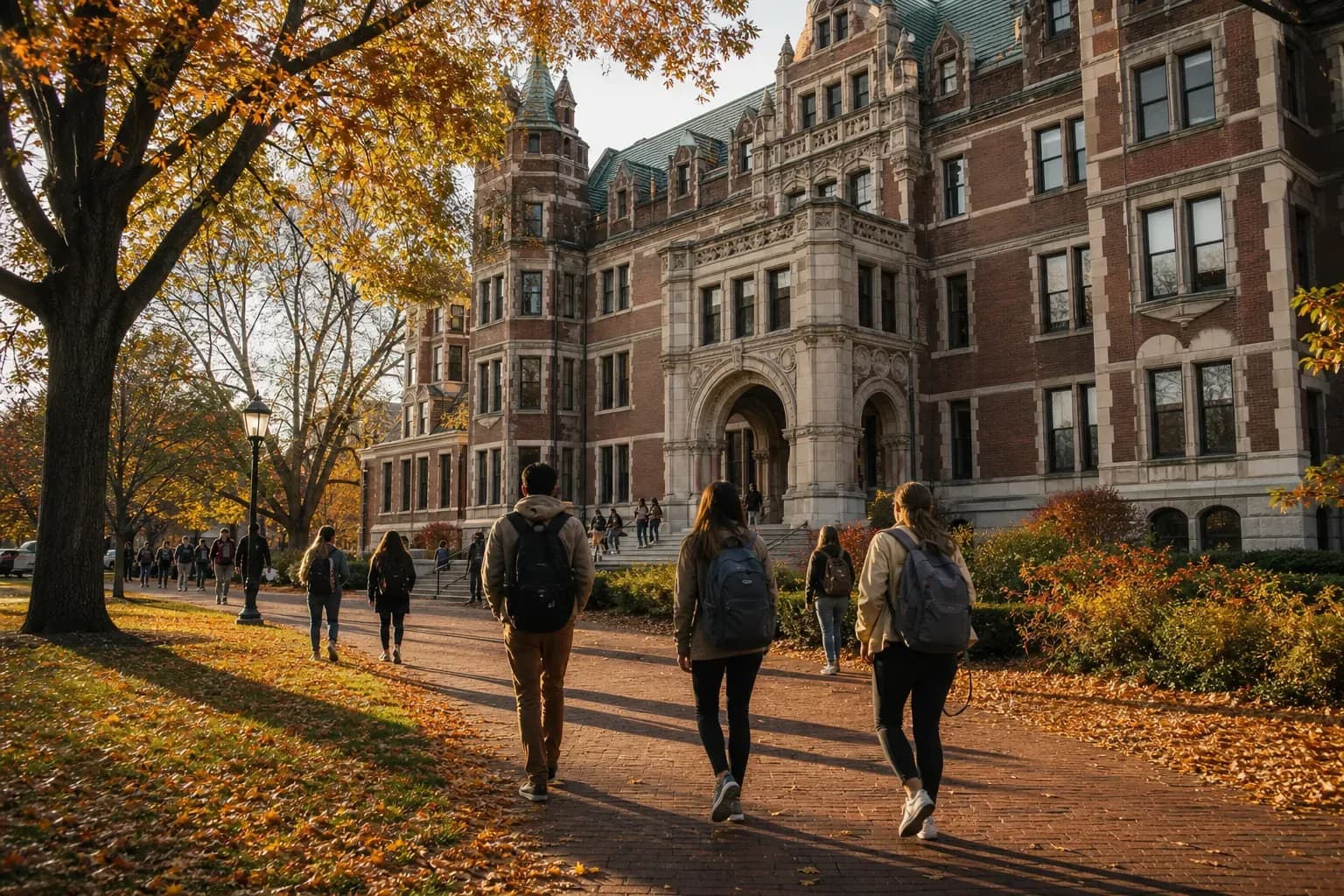 A realistic campus photograph of the iconic landmarks of Boston University with students walking