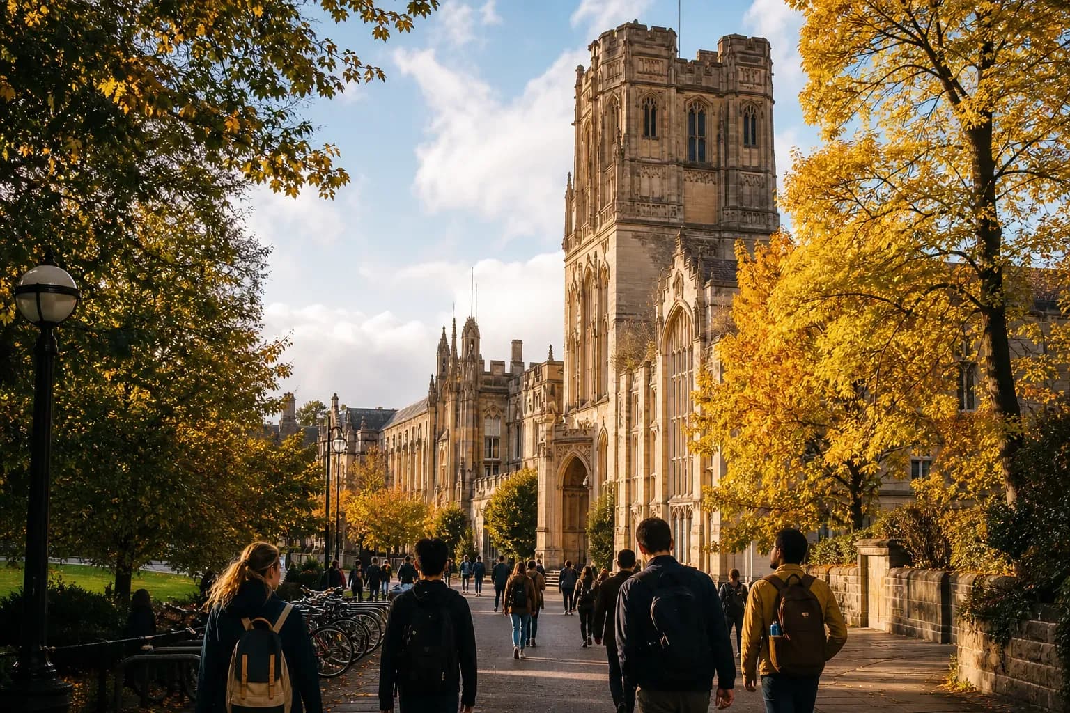 A realistic campus photograph of the iconic landmarks of University of Bristol with students walking