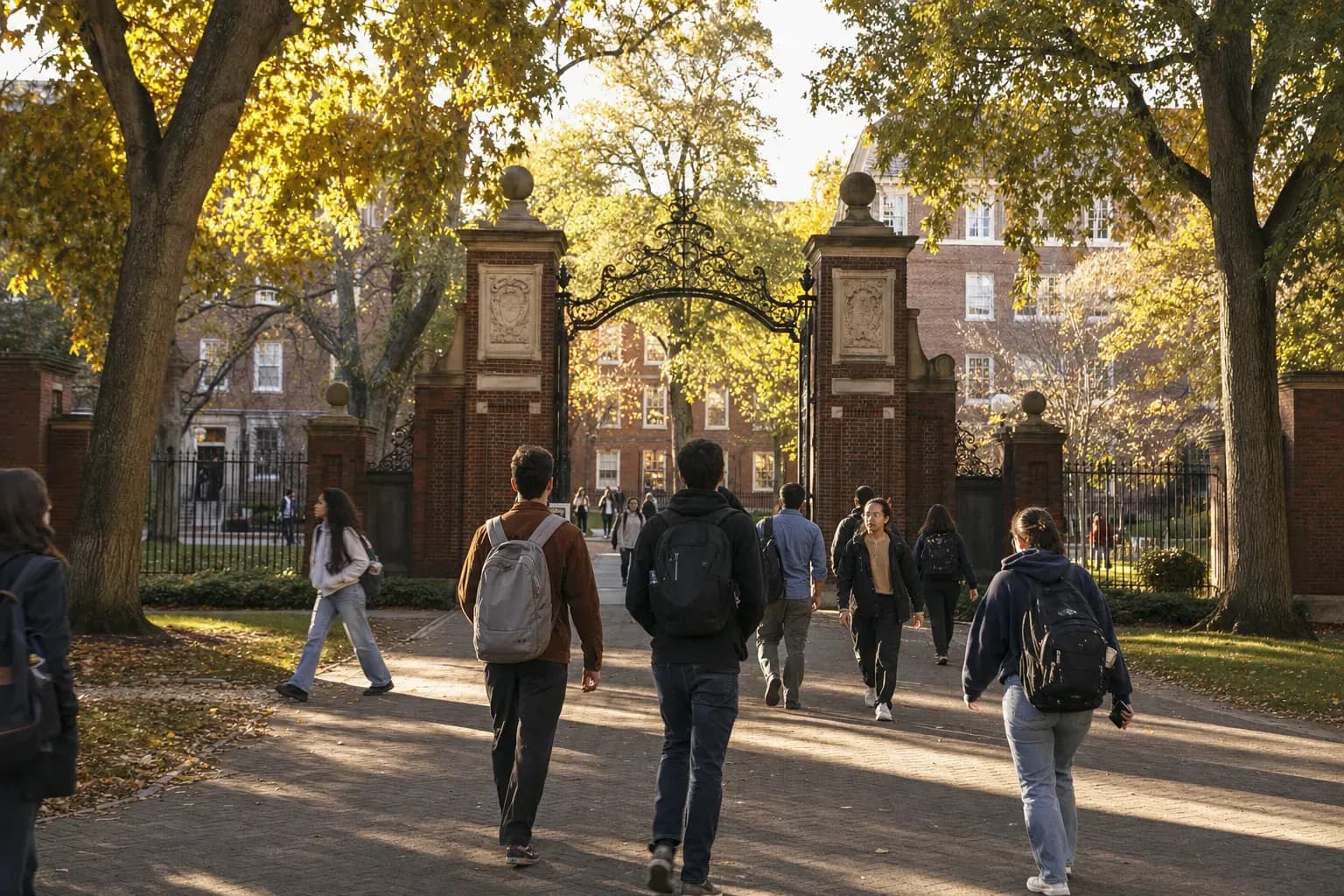 A realistic campus photograph of the iconic landmarks of Brown University with students walking